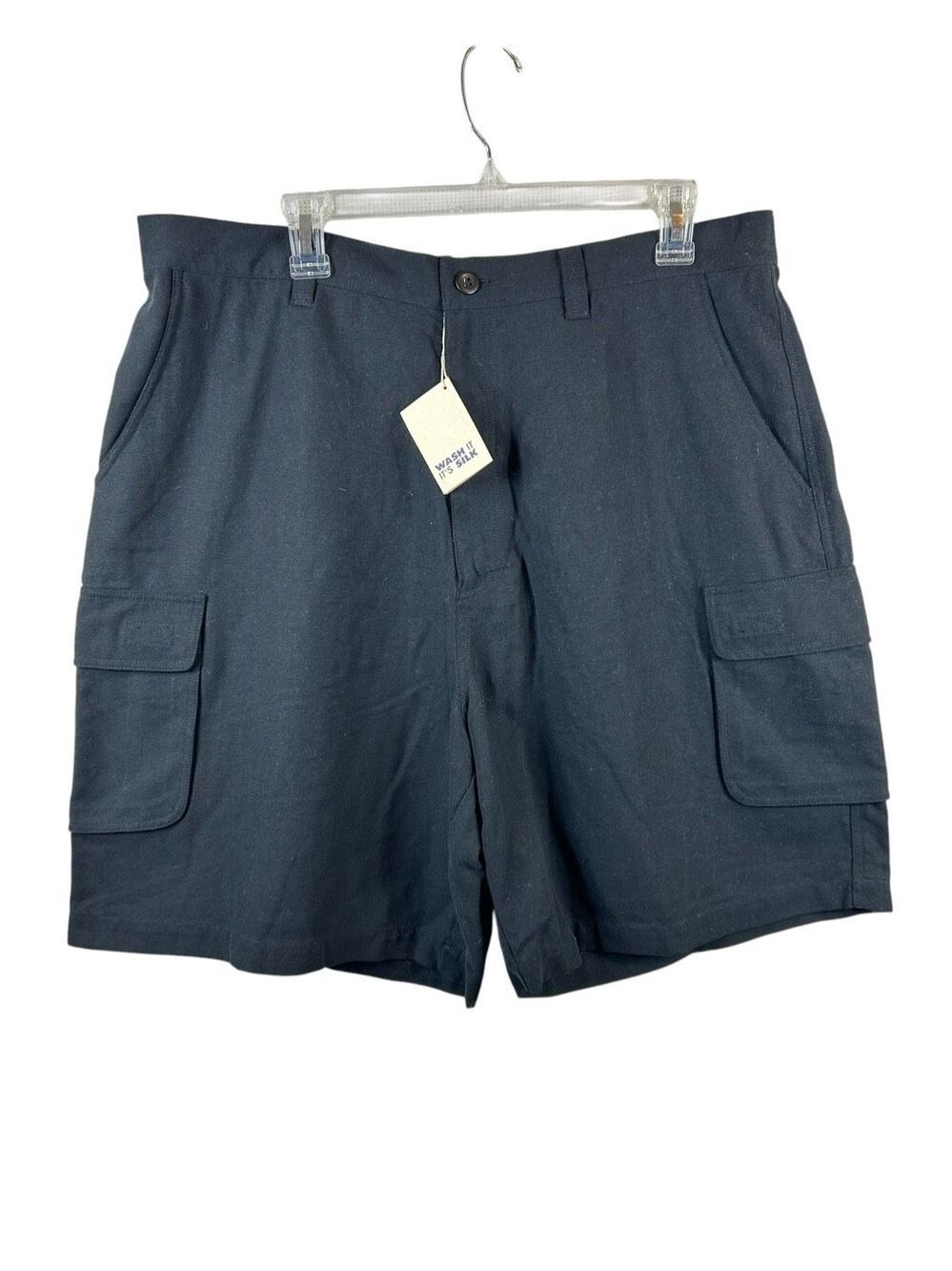 Summa Mens 100% Silk Cargo Shorts Black Sz 38 NWT Washable Utility Quiet Luxury